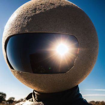 person wearing a helmet with a sun shining through the lens of the helmet