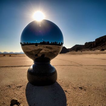 large metal ball sitting on top of a sandy ground next to a mountain