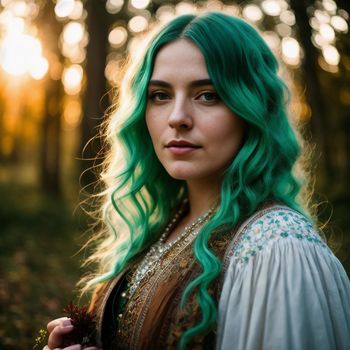woman with long green hair standing in a forest with trees in the background