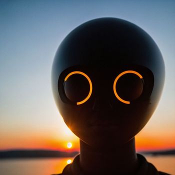 person wearing a black alien mask with glowing eyes and a body of water in the background