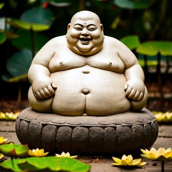 statue of a laughing buddha sitting on a rock surrounded by water lilies