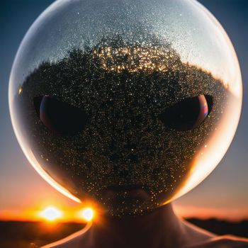 person wearing a shiny ball like headdress with a sunset in the background