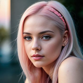 woman with pink hair and a pink headband posing for a picture