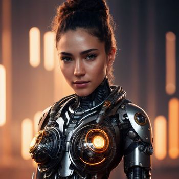 woman dressed in a futuristic suit with glowing lights on her chest