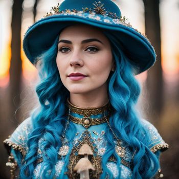 woman with long blue hair wearing a blue hat and a blue dress