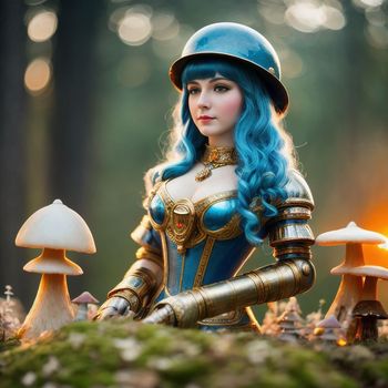 woman with blue hair and a helmet sitting in the woods next to mushrooms