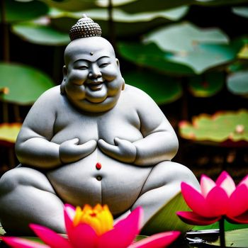 statue of a laughing buddha sitting in a pond of water lilies