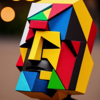 man wearing a colorful mask made out of blocks of different colors