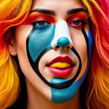 close up of a woman with face paint and a clown nose