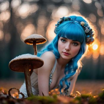 woman with blue hair and blue hair posing in front of mushrooms