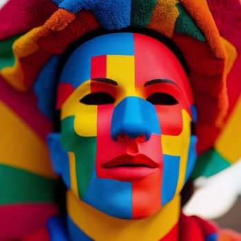 man with a colorful face painted like a man in a hat