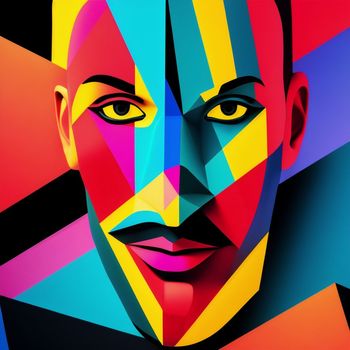 man's face made up of colorful lines and shapes with a mustache