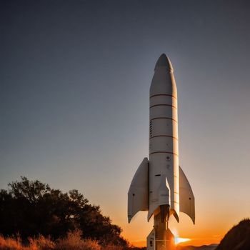 large white rocket sitting on top of a lush green field next to a forest