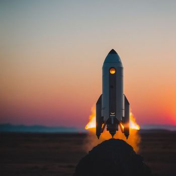 rocket launching into the sky with a setting sun in the background