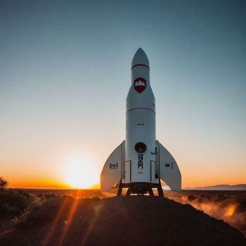 small white rocket sitting on top of a dirt hill at sunset