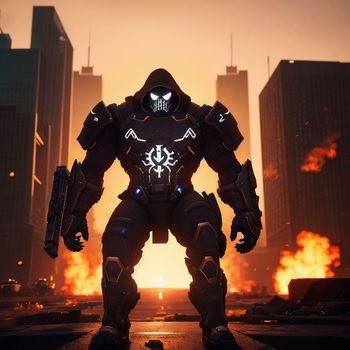 giant robot standing in the middle of a city with a lot of fire in the background