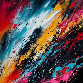 an abstract painting of colorful paint splatters on a black background