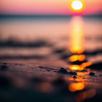 the sun is setting over a body of water with rocks in the foreground