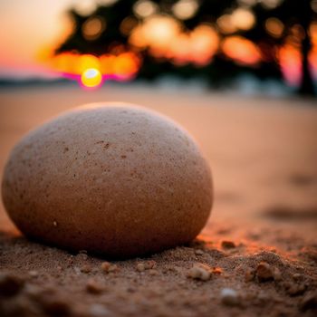 rock sitting on top of a sandy beach next to a tree