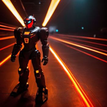robot standing in the middle of a dark room with bright beams of light