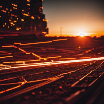 the sun is setting over a city with train tracks running through it