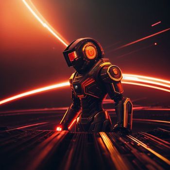 futuristic robot standing in the middle of a dark room with bright lights