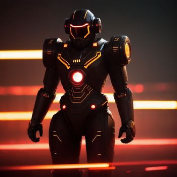 futuristic looking robot standing in front of a dark background with red and yellow lights