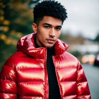 young man in a shiny red puffer jacket poses for a picture