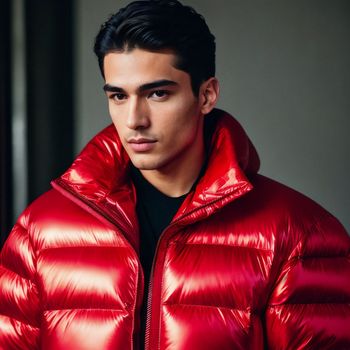 man in a red puffer jacket poses for a picture in front of a window