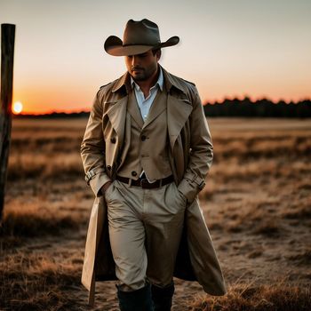 man in a cowboy hat and trench coat walking through a field