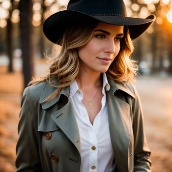 woman wearing a cowboy hat and a trench coat in a park