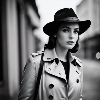 black and white photo of a woman wearing a hat and trench coat