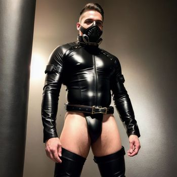 man in a leather outfit with a gas mask on his face