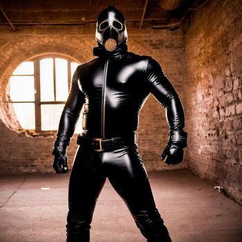 man in a latex outfit standing in an old brick building