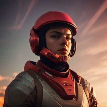 man in a red helmet and a red helmet is standing in front of a sunset