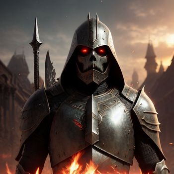 man in armor with red eyes standing in front of a fire