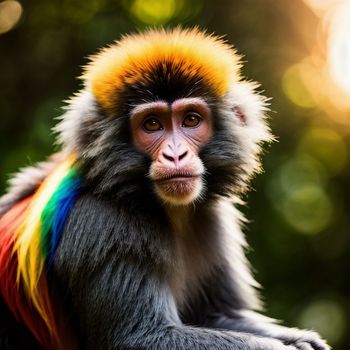 monkey with a multicolored mane sitting on a tree branch