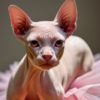 hairless cat sitting on top of a pink ballerina skirt
