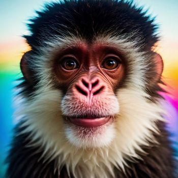 close up of a monkey's face with a rainbow background