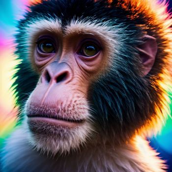 close up of a monkey's face with a colorful background