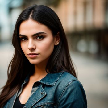 woman in a denim jacket poses for a picture on the street