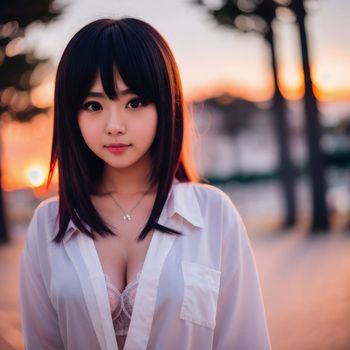 an asian woman with a white shirt and a white shirt with a pink flower on it