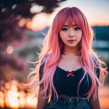 woman with long pink hair standing in front of a sunset sky