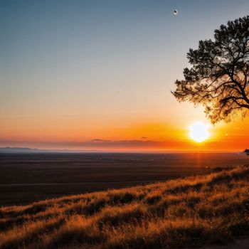 lone tree on a hill with the sun setting in the background