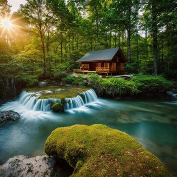 small cabin in the middle of a forest next to a waterfall