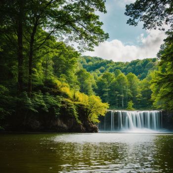 waterfall in the middle of a lush green forest filled with trees