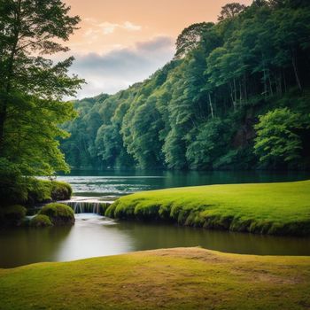 river running through a lush green forest next to a lush green hillside