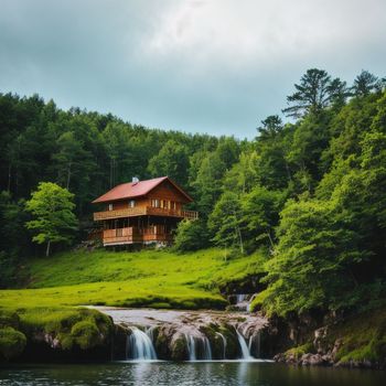 cabin in the middle of a lush green forest next to a waterfall