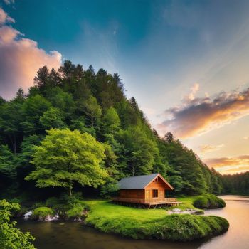 small cabin on a small island in the middle of a lake