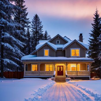 house with a lot of snow on the ground and trees in the background